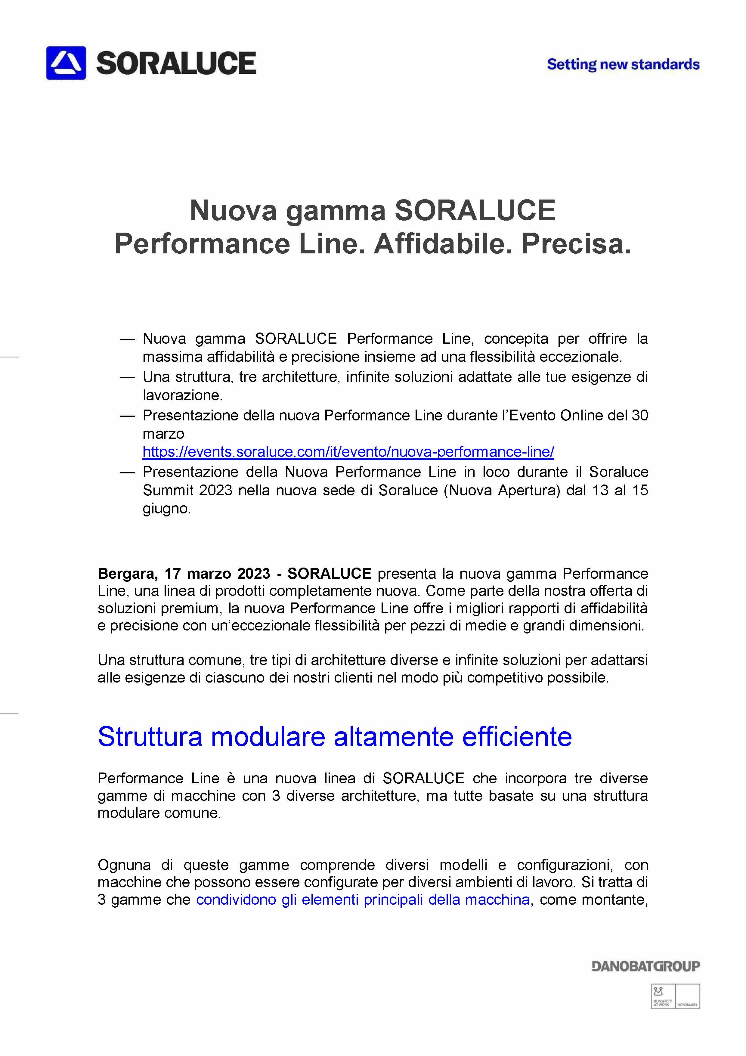 SORALUCE NUOVA PERFORMANCE LINE COMUNICATO STAMPA (ITALIANO)